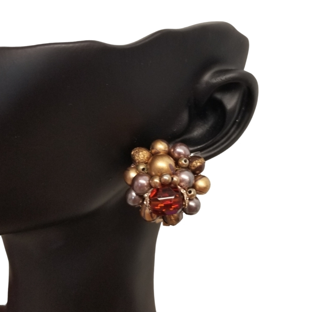 Vintage Made in Japan Cluster Clip On Earrings • Faux Pearl & Amber Crystal